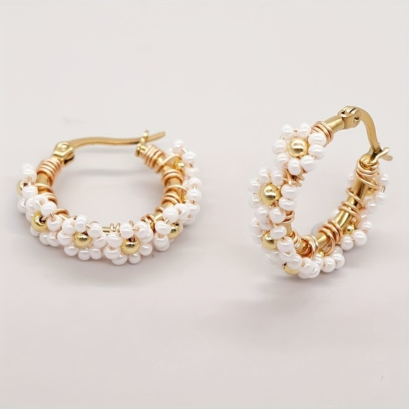 Boho Stainless Steel Beaded Flower Hoop Earrings - Picture 4 of 4